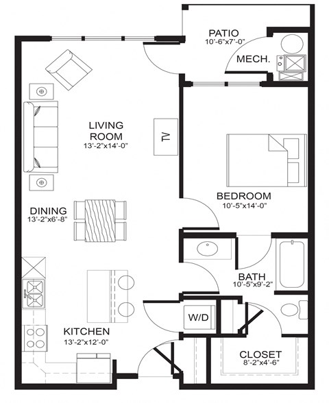 Floor plan for 1 bed, 1 bath, 730 sqft